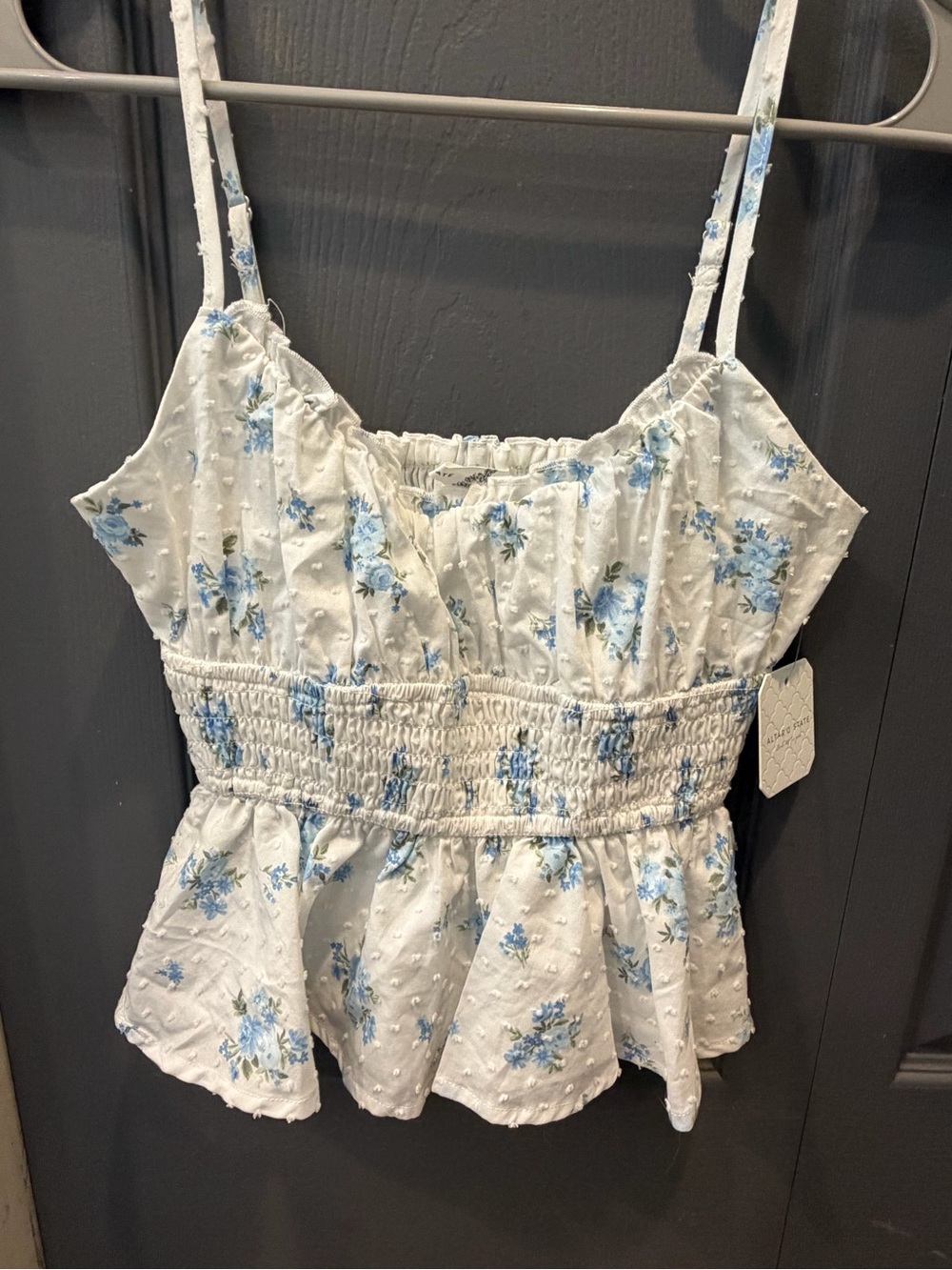 NWT Altar'd State White Blouse with Blue Floral Print and Smocked Waist